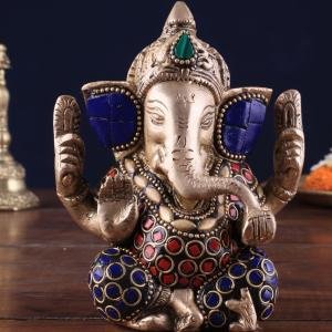 Small Pure Brass Lord Ganesha Idol with Stonework - 5" Height